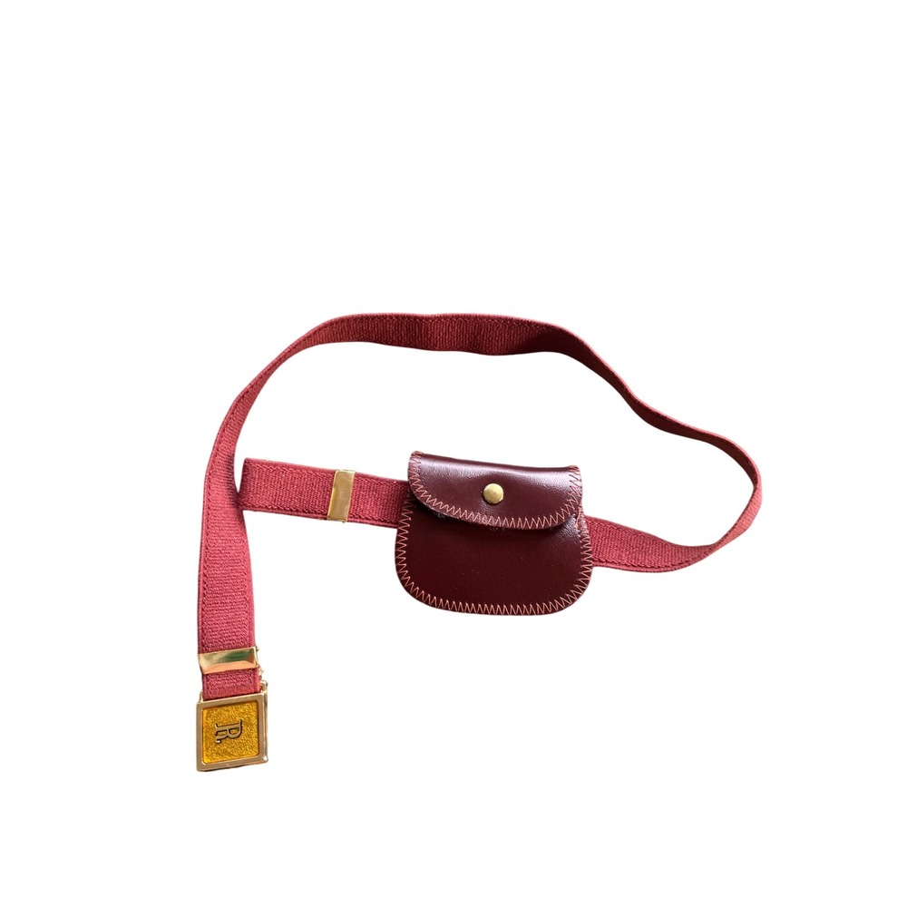 Vintage Burgundy Elastic Belt with Mini Pouch Gold R Logo Buckle Retro Red